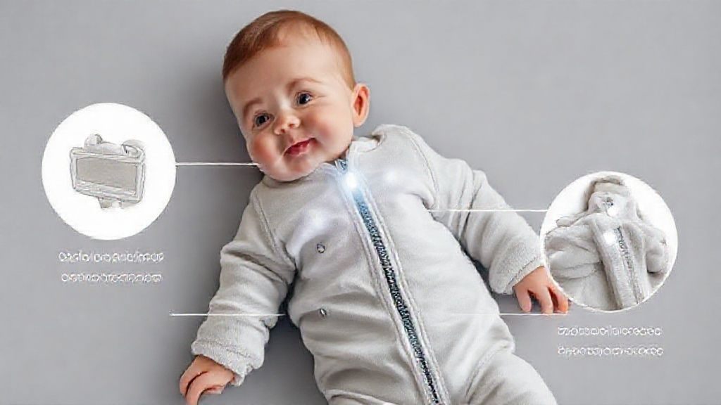 Baby romper with safety features like zipper guard and snug fit highlighted